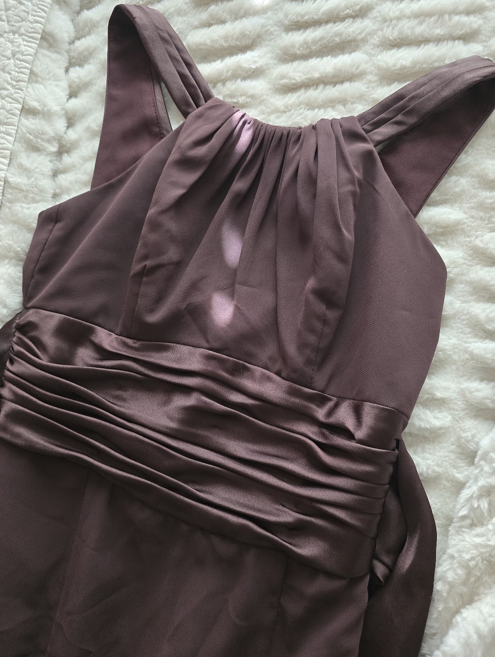 David's Bridal Brown Sleeveless Formal Dress with Ruched Waistband